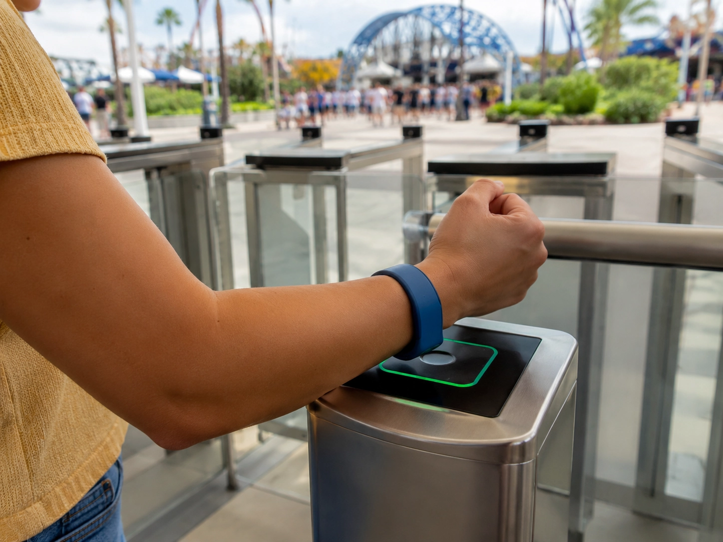 Guest using an RFID wristband for tap-to-enter access at a modern theme park gate