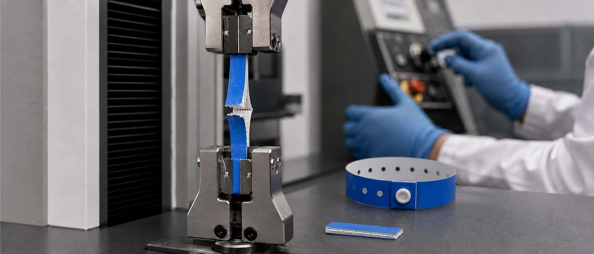 Tear resistance and tensile strength testing on durable multi-layer vinyl wristband material Tear resistance and tensile strength testing on durable multi-layer vinyl wristband material